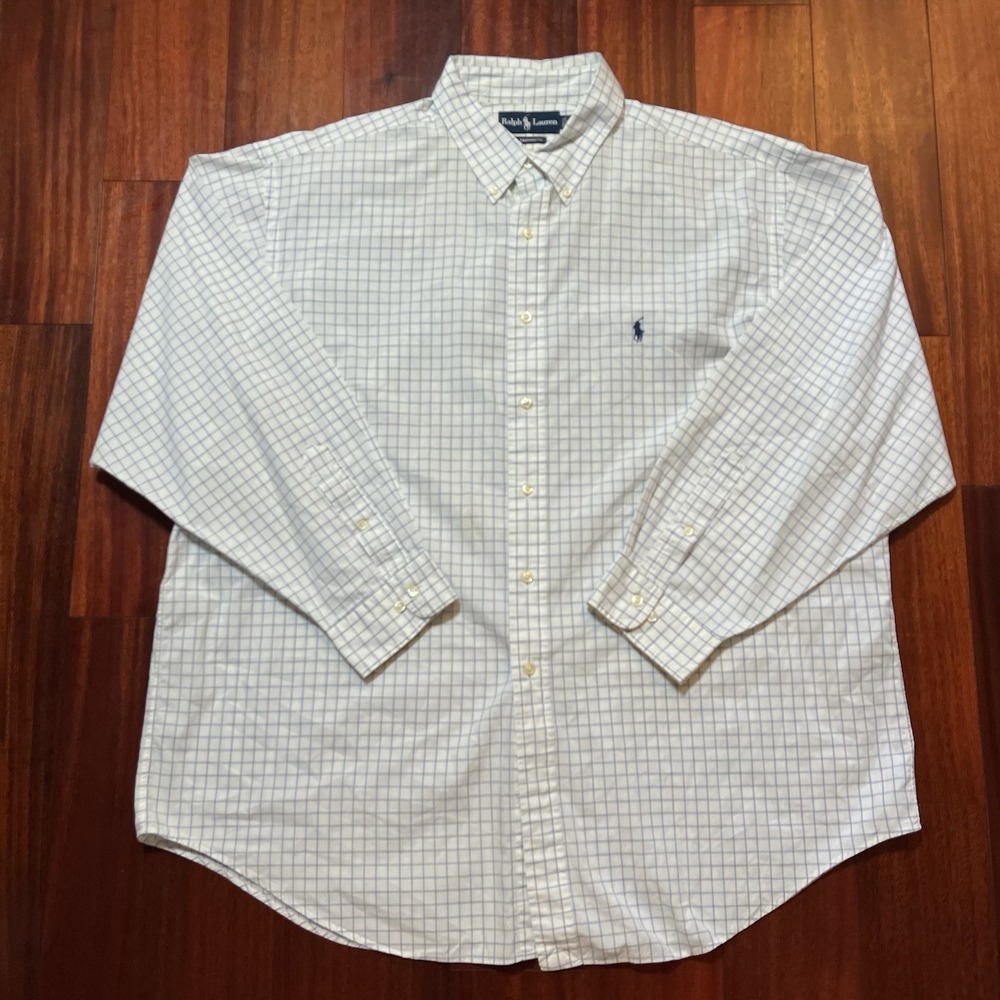 Vintage Ralph Lauren Shirt Mens 18 34/35 White Blue Plaid Yarmouth Long 90s